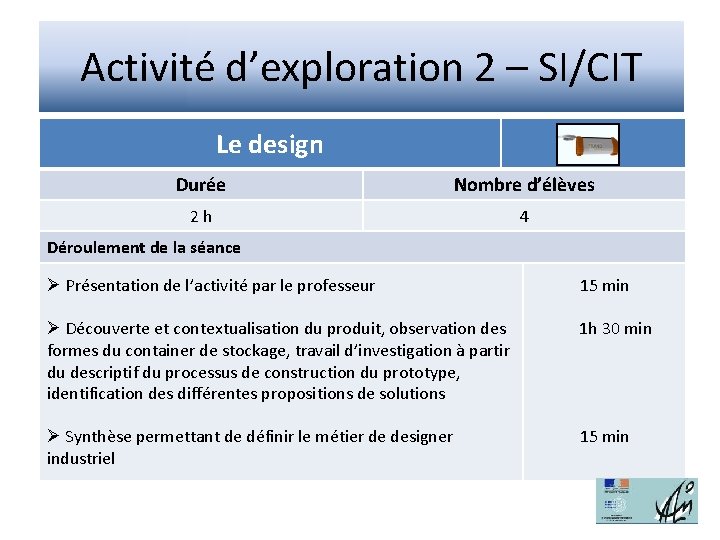 Activité d’exploration 2 – SI/CIT Le design Durée Nombre d’élèves 2 h 4 Déroulement