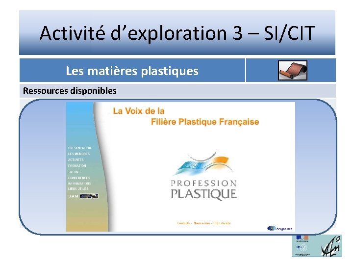 Activité d’exploration 3 – SI/CIT Les matières plastiques Ressources disponibles 