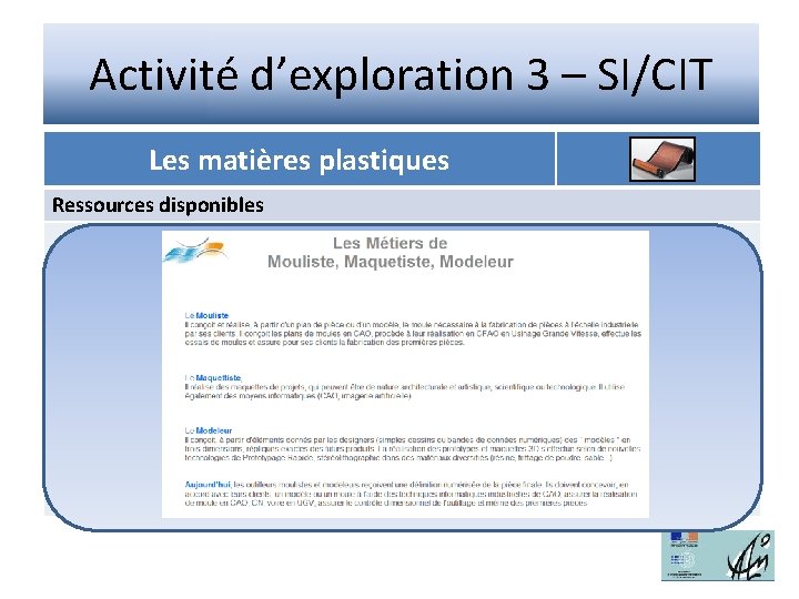 Activité d’exploration 3 – SI/CIT Les matières plastiques Ressources disponibles 