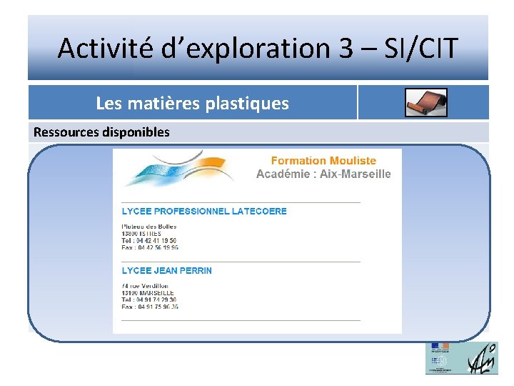 Activité d’exploration 3 – SI/CIT Les matières plastiques Ressources disponibles 