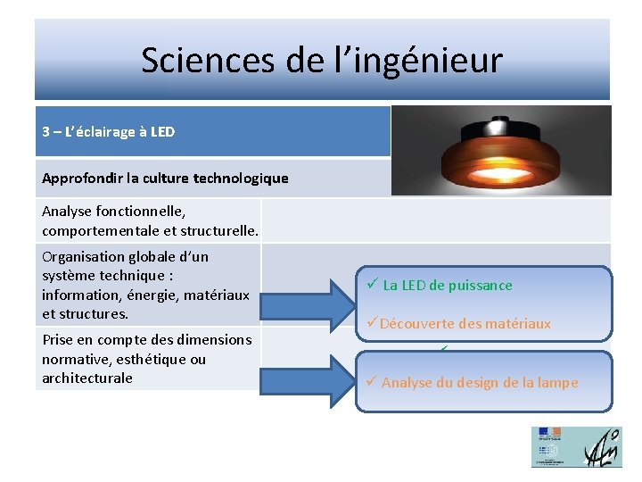 Sciences de l’ingénieur 3 – L’éclairage à LED Approfondir la culture technologique Analyse fonctionnelle,