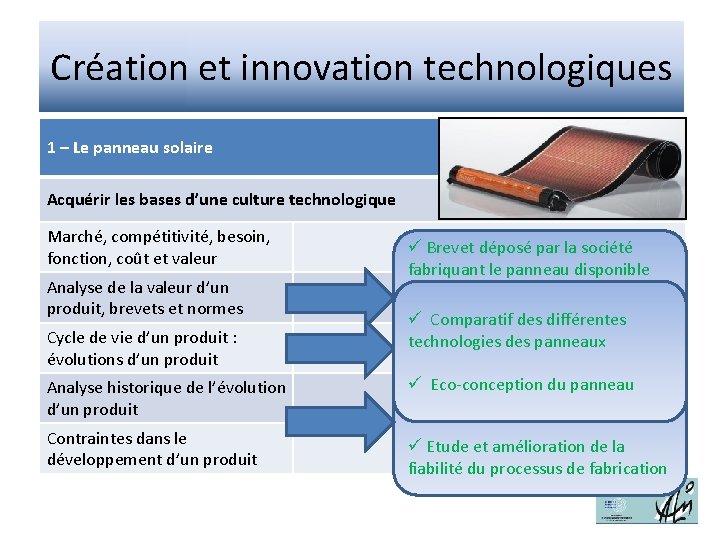 Création et innovation technologiques 1 – Le panneau solaire Acquérir les bases d’une culture