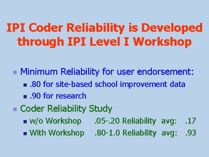 IPI Coder Reliability is Developed through IPI Level I Workshop n Minimum Reliability for