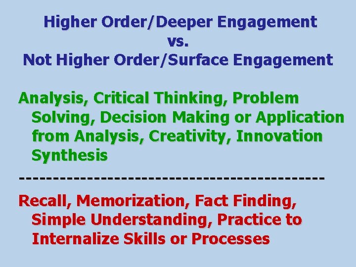 Higher Order/Deeper Engagement vs. Not Higher Order/Surface Engagement Analysis, Critical Thinking, Problem Solving, Decision