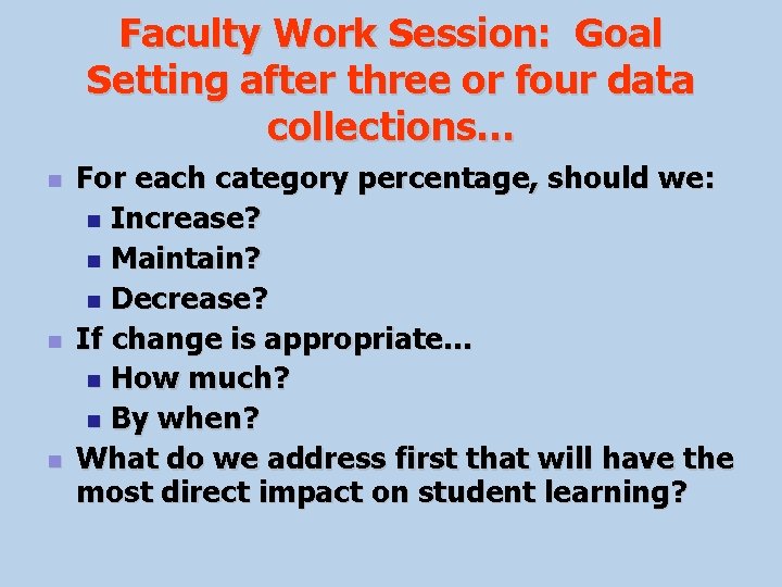 Faculty Work Session: Goal Setting after three or four data collections… n n n