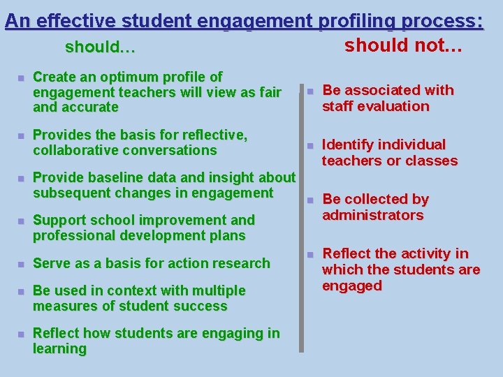 An effective student engagement profiling process: should not… should… Create an optimum profile of