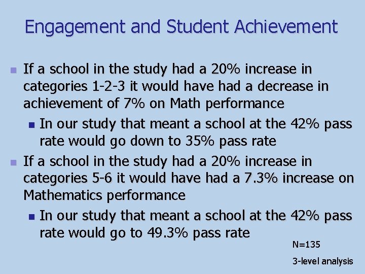 Engagement and Student Achievement n n If a school in the study had a