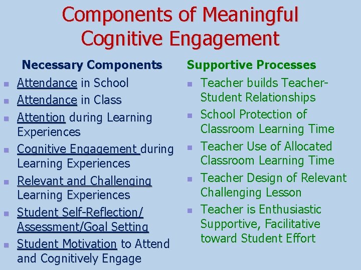 Components of Meaningful Cognitive Engagement n n n n Necessary Components Attendance in School