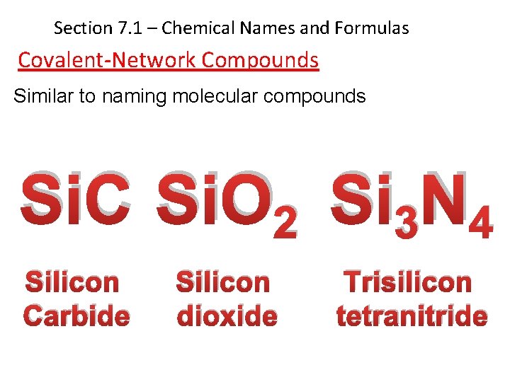 Section 7. 1 – Chemical Names and Formulas Covalent-Network Compounds Similar to naming molecular