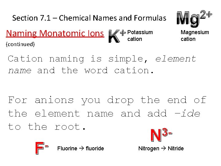 Section 7. 1 – Chemical Names and Formulas Naming Monatomic Ions (continued) Potassium +