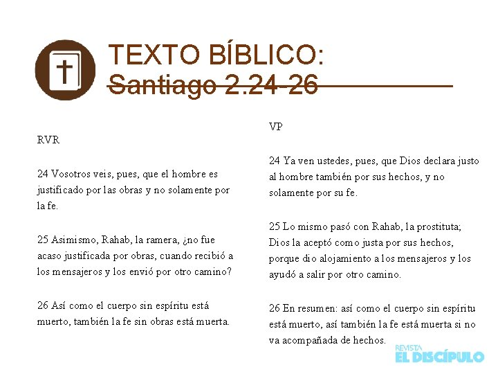TEXTO BÍBLICO: Santiago 2. 24 -26 VP RVR 24 Vosotros veis, pues, que el