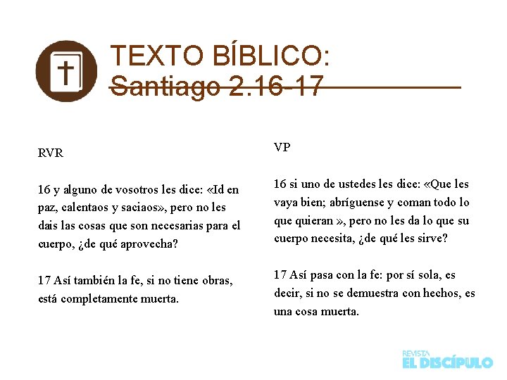 TEXTO BÍBLICO: Santiago 2. 16 -17 RVR VP 16 y alguno de vosotros les