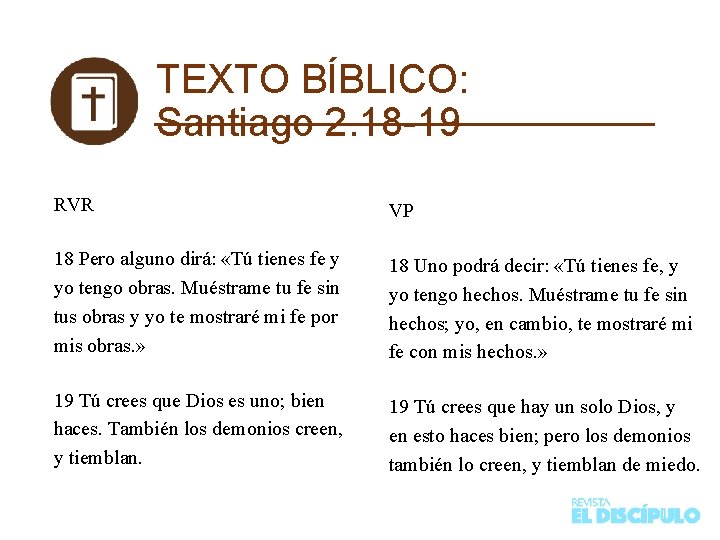 TEXTO BÍBLICO: Santiago 2. 18 -19 RVR VP 18 Pero alguno dirá: «Tú tienes