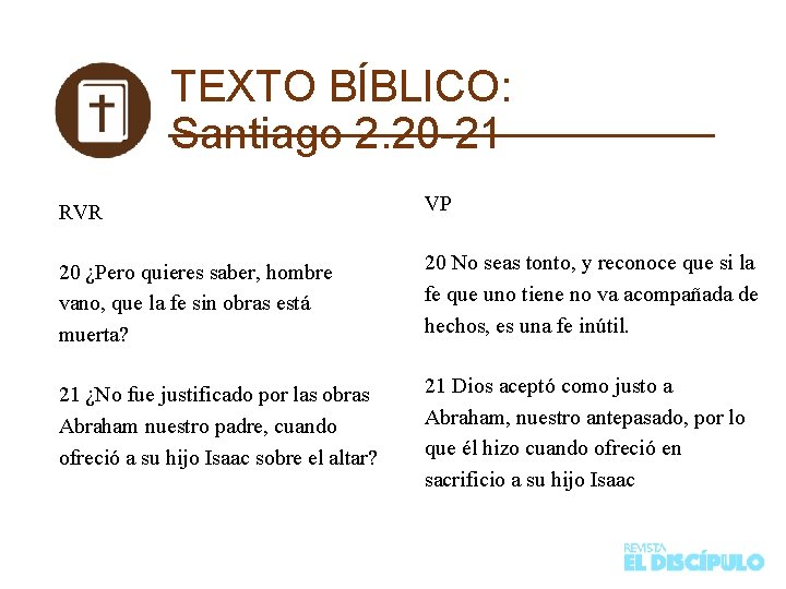 TEXTO BÍBLICO: Santiago 2. 20 -21 RVR VP 20 ¿Pero quieres saber, hombre vano,
