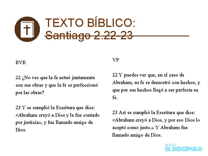 TEXTO BÍBLICO: Santiago 2. 22 -23 RVR VP 22 ¿No ves que la fe