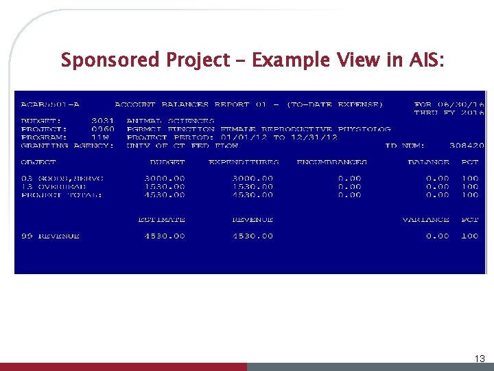 Sponsored Project – Example View in AIS: 13 