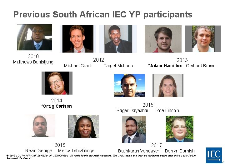 Previous South African IEC YP participants 2010 Matthews Bantsijang 2012 2013 Michael Grant Target