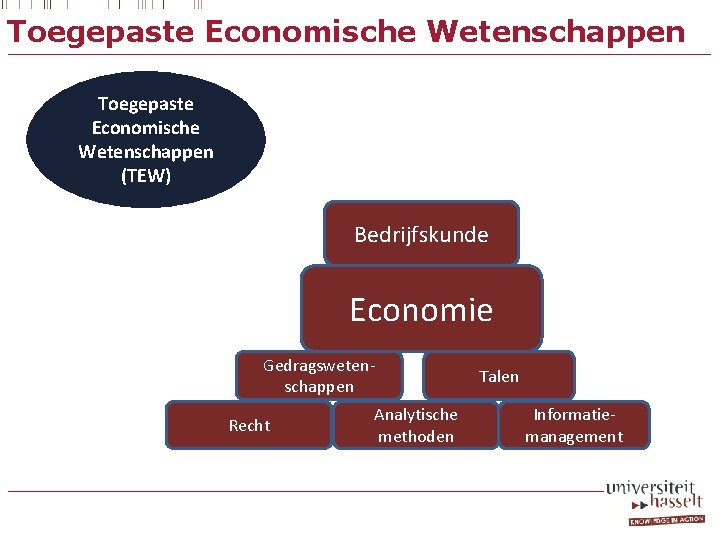 Toegepaste Economische Wetenschappen (TEW) Bedrijfskunde Economie Gedragswetenschappen Recht Analytische methoden Talen Informatiemanagement 