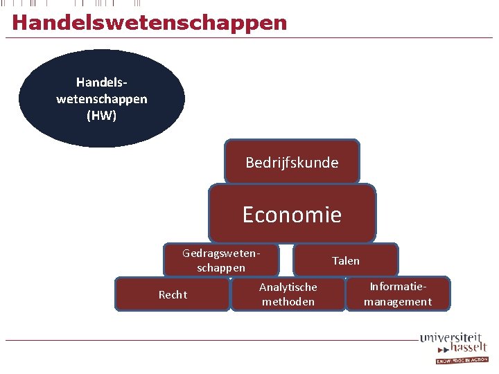 Handelswetenschappen (HW) Bedrijfskunde Economie Gedragswetenschappen Recht Analytische methoden Talen Informatiemanagement 