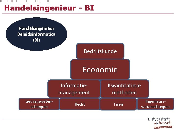 Handelsingenieur - BI Handelsingenieur Beleidsinformatica (BI) Bedrijfskunde Economie Informatiemanagement Gedragswetenschappen Recht Kwantitatieve methoden Talen