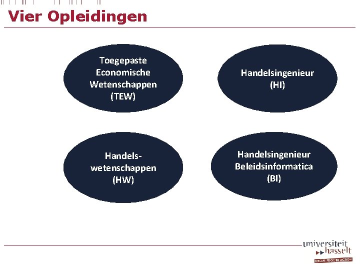 Vier Opleidingen Toegepaste Economische Wetenschappen (TEW) Handelsingenieur (HI) Handelswetenschappen (HW) Handelsingenieur Beleidsinformatica (BI) 