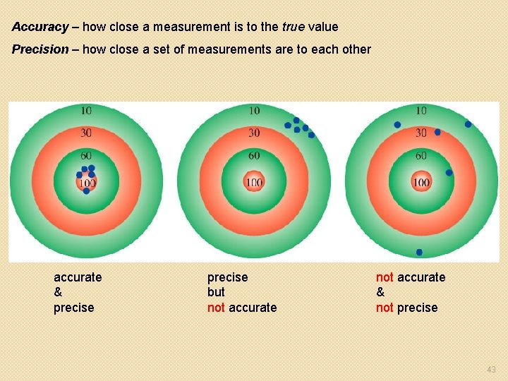 Accuracy – how close a measurement is to the true value Precision – how Accuracy – how close a measurement is to the true value Precision – how