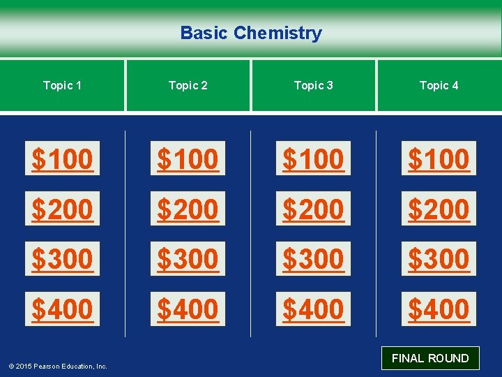 Basic Chemistry Topic 1 Topic 2 Topic 3 Topic 4 $100 $200 $300 $400