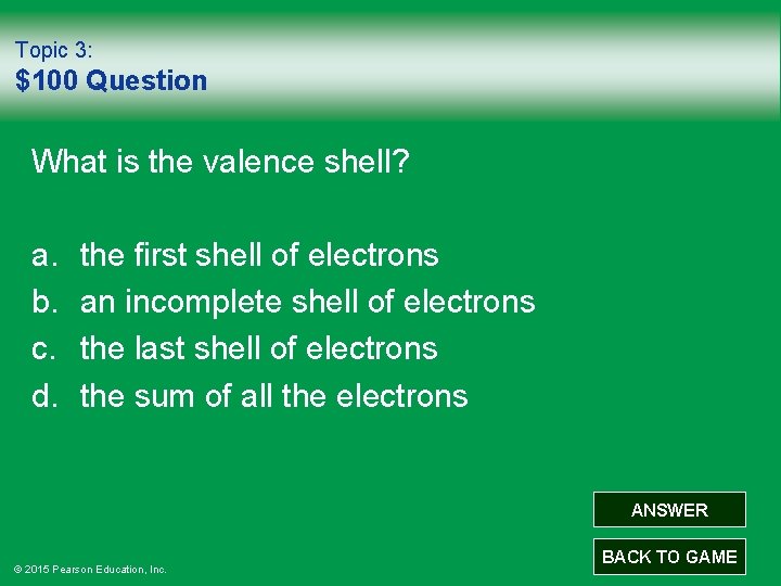 Topic 3: $100 Question What is the valence shell? a. b. c. d. the