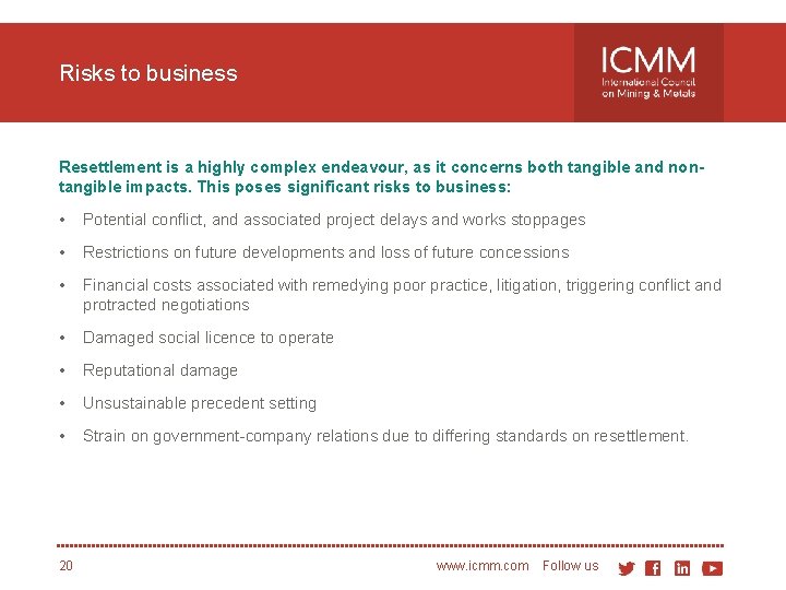 Risks to business Resettlement is a highly complex endeavour, as it concerns both tangible