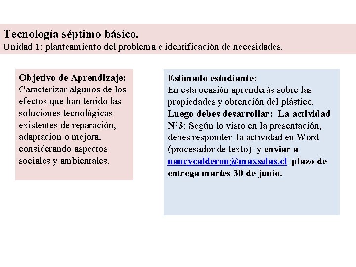 Tecnología séptimo básico. Unidad 1: planteamiento del problema e identificación de necesidades. Objetivo de
