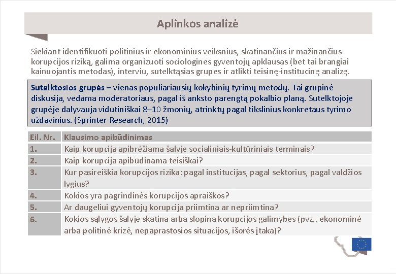 Aplinkos analizė Siekiant identifikuoti politinius ir ekonominius veiksnius, skatinančius ir mažinančius korupcijos riziką, galima