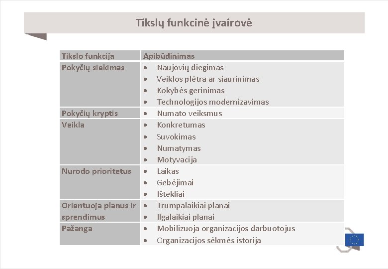 Tikslų funkcinė įvairovė Tikslo funkcija Pokyčių siekimas Apibūdinimas Naujovių diegimas Veiklos plėtra ar siaurinimas