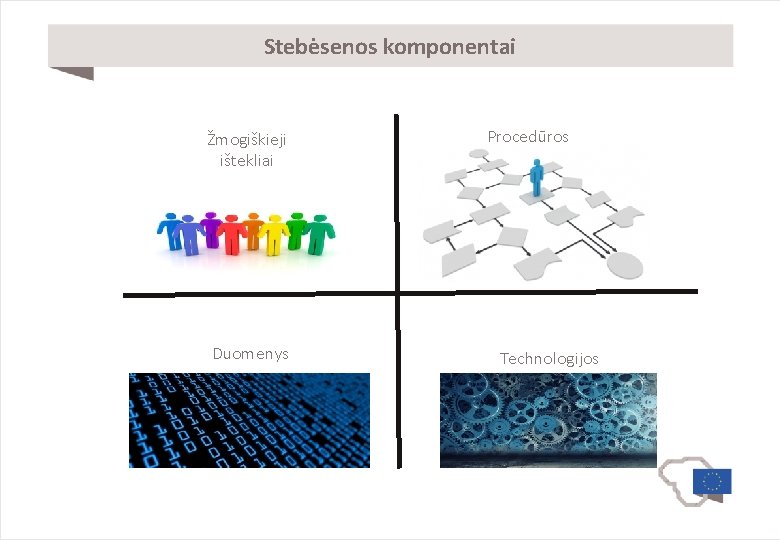 Stebėsenos komponentai Žmogiškieji ištekliai Duomenys Procedūros Technologijos 