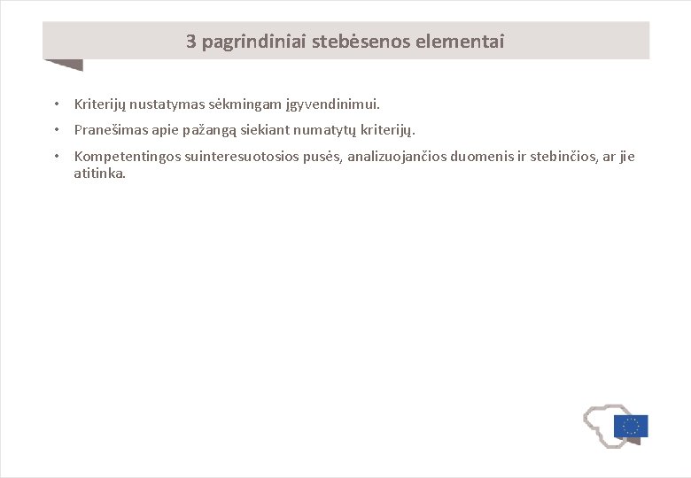 3 pagrindiniai stebėsenos elementai • Kriterijų nustatymas sėkmingam įgyvendinimui. • Pranešimas apie pažangą siekiant