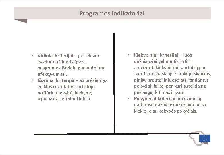 Programos indikatoriai • Vidiniai kriterijai – pasiekiami vykdant užduotis (pvz. , programos išteklių panaudojimo
