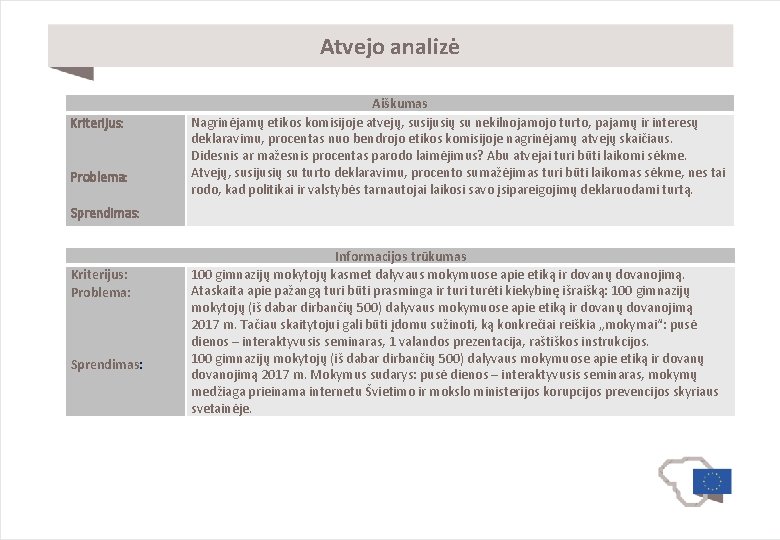 Atvejo analizė Kriterijus: Problema: Sprendimas: Kriterijus: Problema: Sprendimas: Aiškumas Nagrinėjamų etikos komisijoje atvejų, susijusių