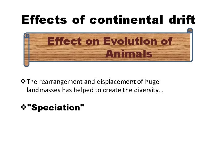 Effects of continental drift Effect on Evolution of Animals The rearrangement and displacement of