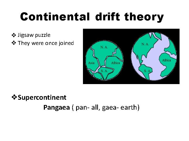 Continental drift theory Jigsaw puzzle They were once joined Supercontinent Pangaea ( pan- all,