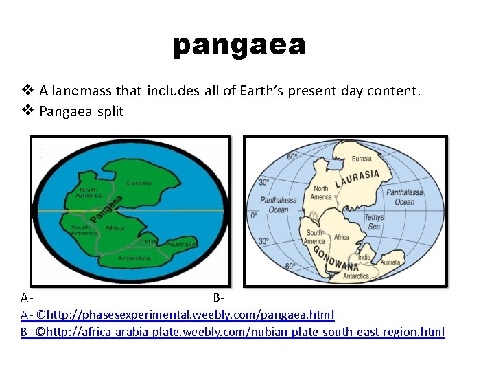 pangaea A landmass that includes all of Earth’s present day content. Pangaea split ABA-