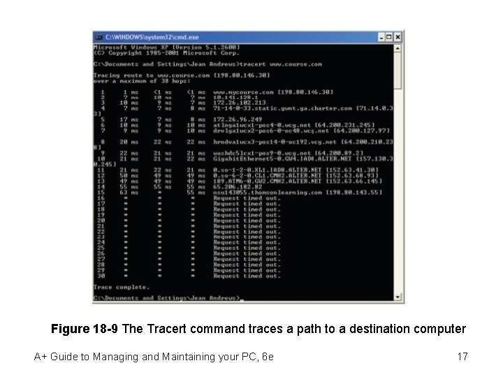 Figure 18 -9 The Tracert command traces a path to a destination computer A+