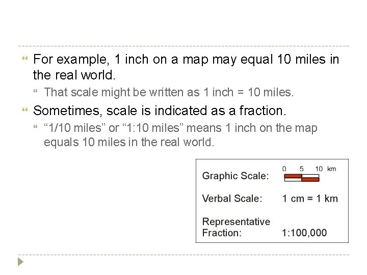 For example, 1 inch on a map may equal 10 miles in the For example, 1 inch on a map may equal 10 miles in the