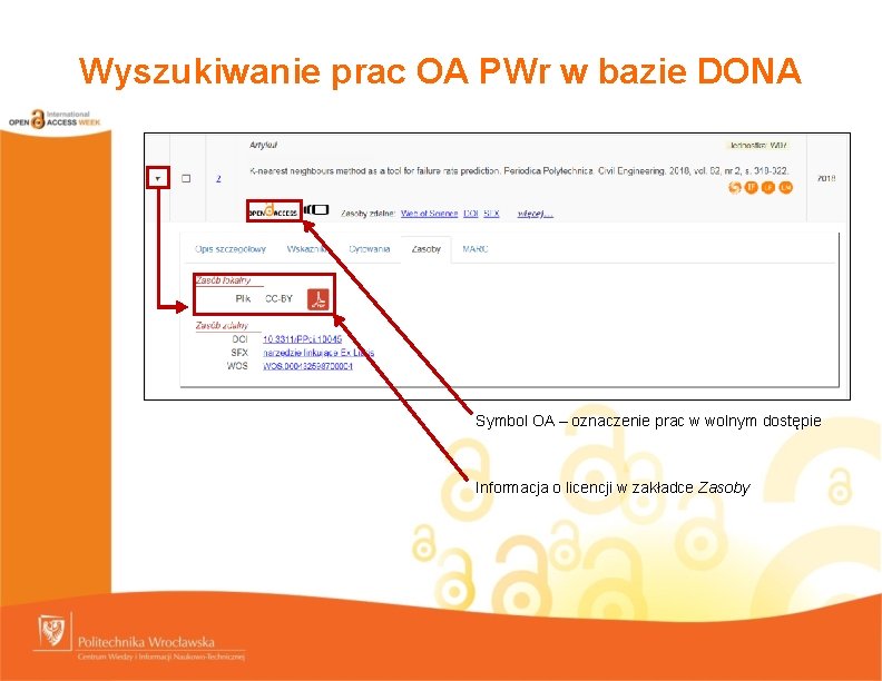 Wyszukiwanie prac OA PWr w bazie DONA Symbol OA – oznaczenie prac w wolnym