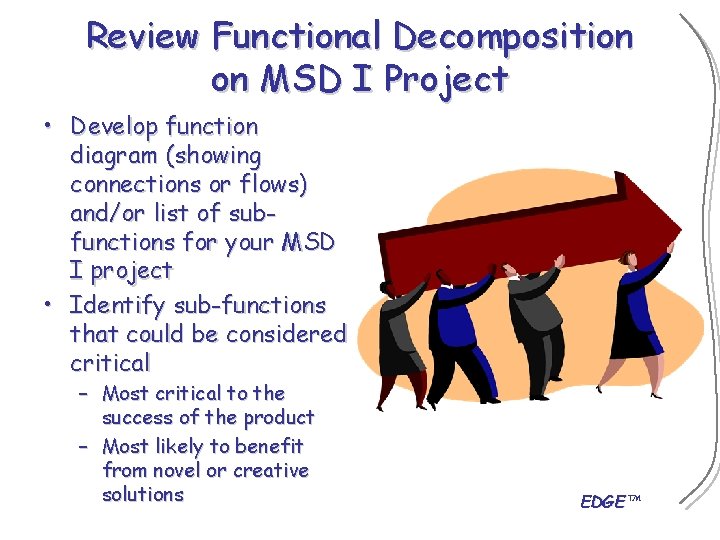 Review Functional Decomposition on MSD I Project • Develop function diagram (showing connections or