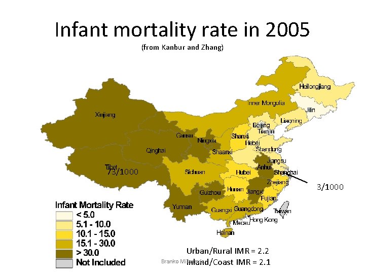 Infant mortality rate in 2005 (from Kanbur and Zhang) 73/1000 Urban/Rural IMR = 2.