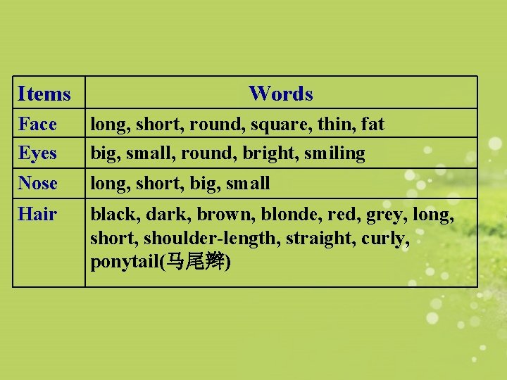 Items Words Face Eyes long, short, round, square, thin, fat big, small, round, bright,