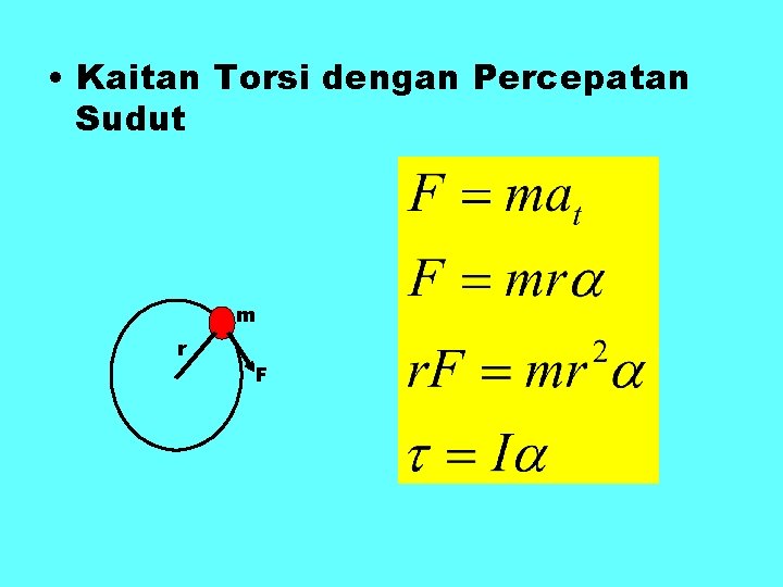  • Kaitan Torsi dengan Percepatan Sudut m r F 