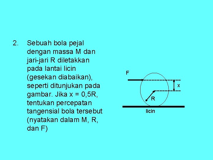 2. Sebuah bola pejal dengan massa M dan jari-jari R diletakkan pada lantai licin