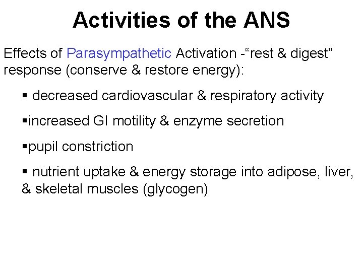 Activities of the ANS Effects of Parasympathetic Activation -“rest & digest” response (conserve &