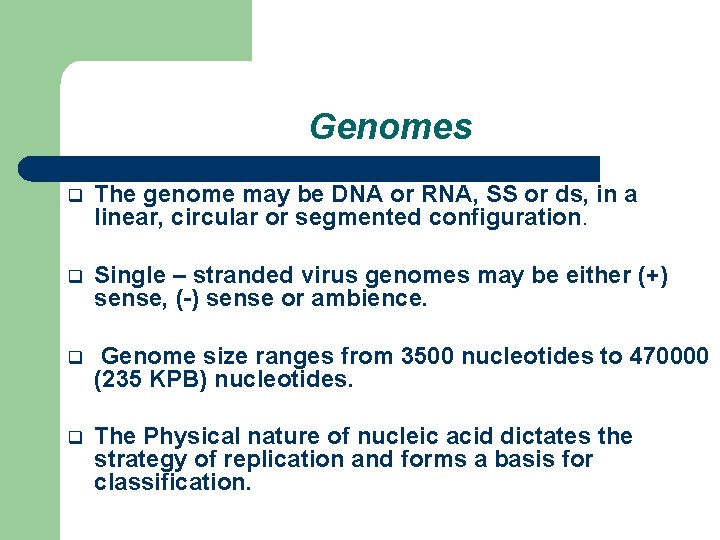 Genomes q The genome may be DNA or RNA, SS or ds, in a