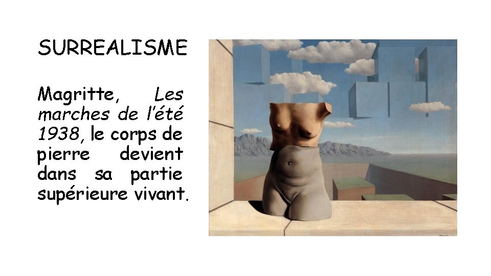 SURREALISME Magritte, Les marches de l’été 1938, le corps de pierre devient dans sa